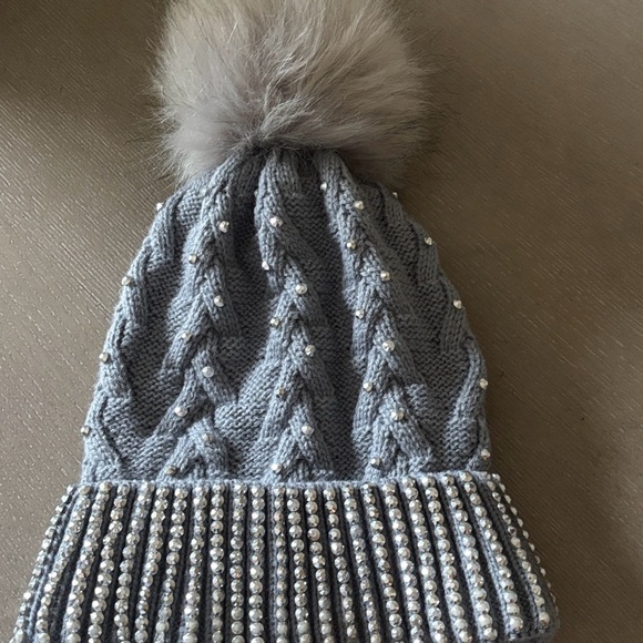 Gray Knit Beanie with Pom Pom and Rhinestones - Picture 2 of 2